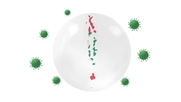 用水晶球中的旗子在里面映射防冕或Covid 19病毒 锁定Maldive 病毒保护概念 呆在家里 从家里工作 克服病毒 在白色 绿色的屏幕上 — 图库视频影像