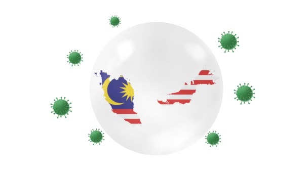 Malajsie mapa uvnitř s vlajkou v křišťálové kouli chránit před koronou nebo covid-19 virus, uzamknout Malajsie, koncepce ochrany proti virům, zůstat doma, práce z domova, překonat virus, na bílé, černé, zelené obrazovce