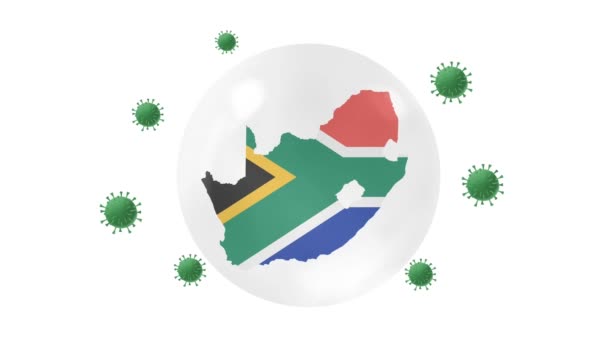 南アフリカの地図内側には コロナまたはCovid 19ウイルスから保護するクリスタルボールの旗があり 南アフリカをロックダウンし ウイルス保護コンセプト 家にい 自宅から仕事をし ウイルスを克服し 緑の画面で — ストック動画