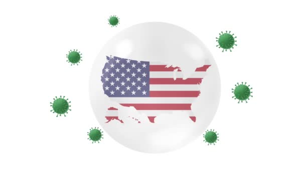 米国の地図内側には コロナやCovid 19ウイルスから保護するクリスタルボールにフラグを付け 米国をロックダウンし ウイルス保護の概念は 家にいて 自宅から仕事をし ウイルスを克服し 緑の画面で — ストック動画