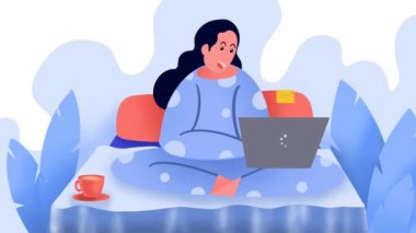 Evde çalışıyor, kadınlar yataklarında oturuyor ve dizüstü bilgisayarlar üzerinde pijama, corona ya da covid-19 virüs koruma konsepti ile çalışıyor, virüs salgınının üstesinden geliyor, beyaz arka planda virüs koruma konseptini aşıyor, 