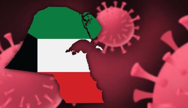 Corona virüsü arkaplanındaki bayrak desenli Kuveyt haritası, metin, bilgi, yeni vaka, toplam ölümler, yeni ölümler, ciddi kritik, aktif vakalar eklemek için alan