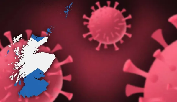 Scotland map with flag pattern on  corona virus update on corona virus background, space for add text,information,report new case,total deaths,new deaths,serious critical,active cases