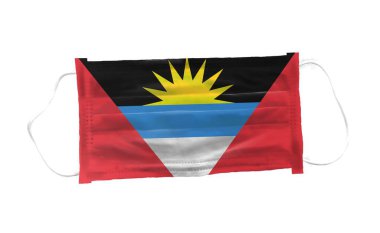 Beyaz arka planda Antigua & Barbuda bayrak desenli tıbbi maske, corona veya covid-19 virüsü için, virüs büküm için güvenlik maskeleri, sağlık koruma konsepti, ağız örtüsü 