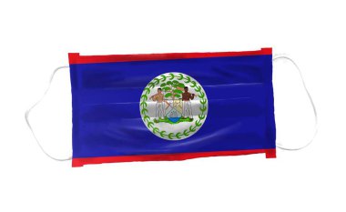 Beyaz arka planda Belize bayrağı desenli tıbbi maske, korona ya da covid-19 virüsü için, virüsü önlemek için güvenli nefes alma maskeleri, sağlık koruma konsepti, ağzı ve burnunu kapamak, virüsü önlemek için.
