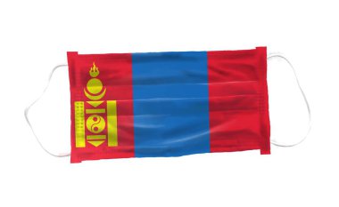 Beyaz arka planda Moğolistan bayrağı desenli tıbbi maske, korona ya da covid-19 virüsü için, virüsü önlemek için güvenli nefes alma maskeleri, sağlık koruma konsepti, ağız ve burun kapakları
