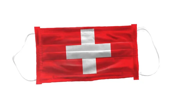 Máscara Médica Com Padrão Bandeira Suíça Fundo Branco Para Vírus — Fotografia de Stock