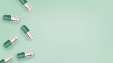 Yeşil zemin üzerinde Covid-19 Coronavirus ilaç hapları, virüs enfeksiyonları önleme ve koruma konsepti, 3D illüstrasyon