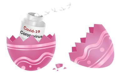 Beyaz arka planda Coronavirus hap şişesinden yayılan haplı Paskalya yumurtaları, virüs enfeksiyonları önleme ve koruma konsepti, 3D illüstrasyon