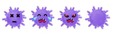 Coronavirus covid 19 emoji kawaii ölü, ağlayan, kızgın yüzlü, beyaz arka planda virüs karakteri tasarımı, virüs enfeksiyonları önleme ve koruma konsepti, 3 boyutlu illüstrasyon