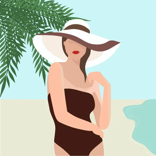 Chica Traje Baño Sombrero Con Grandes Campos Playa Junto Mar — Archivo Imágenes Vectoriales