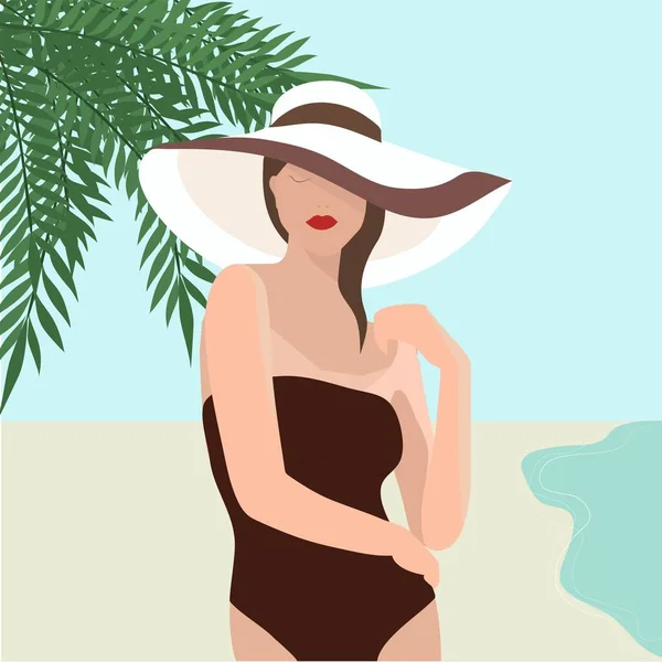 Deniz kenarında büyük tarlaları olan mayo ve şapkalı bir kız. Palmiye ağaçları, deniz tatili. Vektör düz çizim. Denizde tatil. Palmiye ağaçlarının altındaki sahilde rahatla.