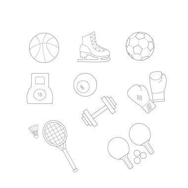 Doğrusal spor teması simgeleri, spor malzemelerinin çizimi. Toplar, basketbol, futbol, tenis, fitness, boks