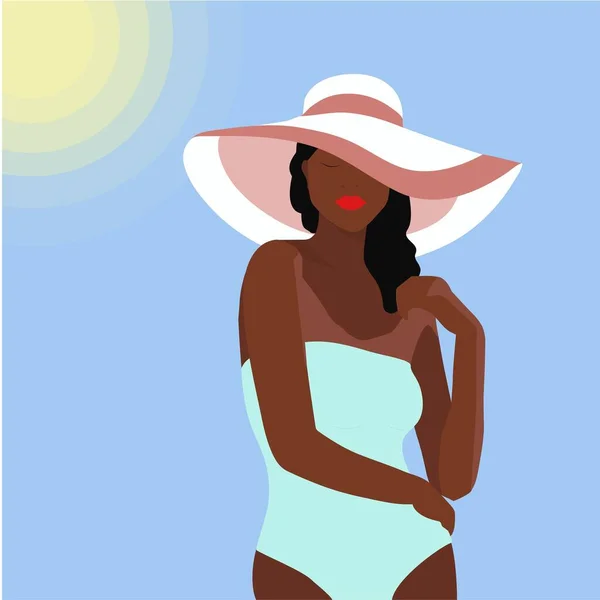 Chica Sombrero Con Grandes Campos Playa Relajándose Bajo Sol Verano — Vector de stock