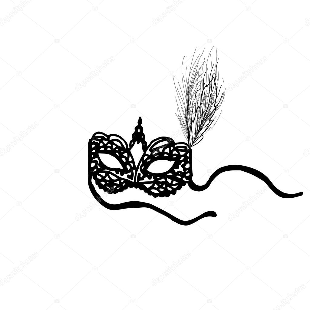 Black lace carnival mask with feather. Vector illustration, decor element. Logo for women's accessories.