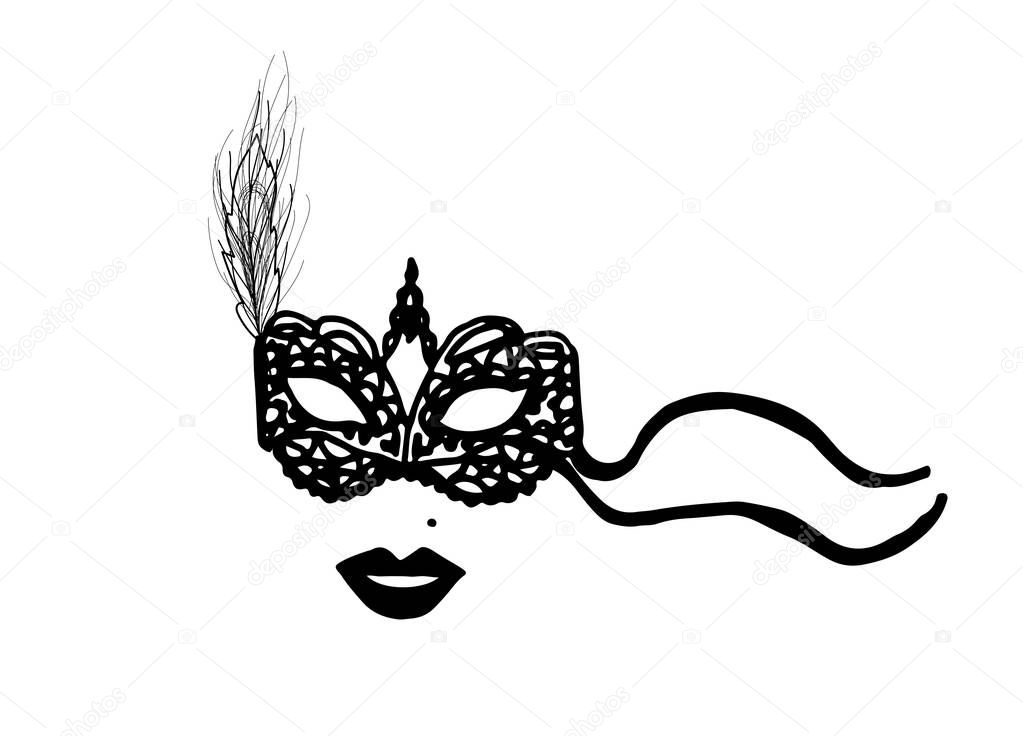 Black lace carnival mask with feather. Vector illustration, decor element. Logo for women's accessories.