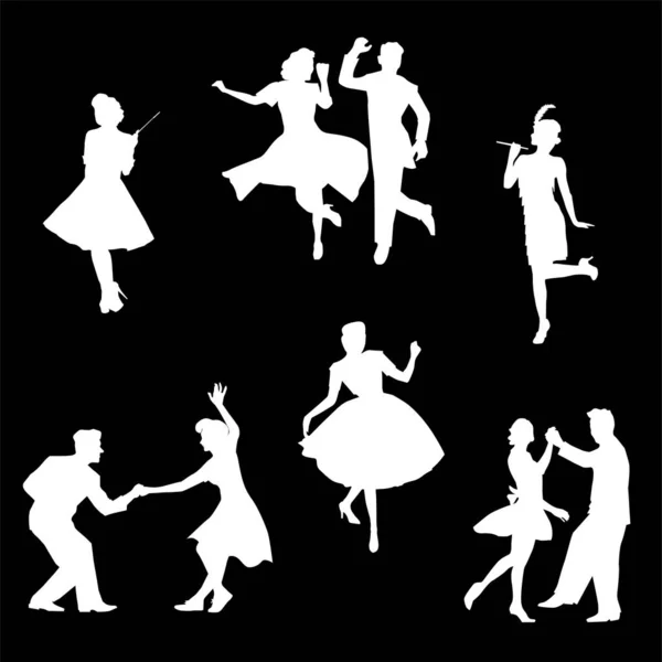 Silhouettes Danseurs Ensemble Danseurs Style Rétro Des Années Illustration Vectorielle — Image vectorielle