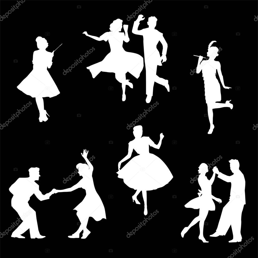 Silhouettes of dancers. Set of retro style dancers of the 20's. Vector illustration. Collection of choreographic movements