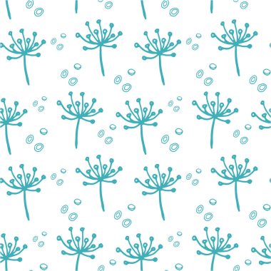 Kusursuz desen, çiçek deseni. Turkuaz dal. Hassas bir süs, renkli arka planda dereotu dalı. Kumaş ve kağıt için baskı. Vektör resmi.