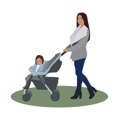 Aile gezisi. Anne bebekle yürür, anne bebek arabasında bebek taşır. Aile yürüyüşü. Aile tatili. Düz bir şekilde vektör illüstrasyonu. Tasarım ögesi, beyaz arkaplanda izole bir nesne. Parkta aile yürüyüşü.