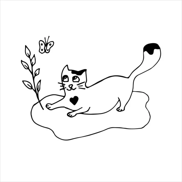 Bonito Gato Desenhado Mão Gato Branco Com Ponto Preto Forma — Vetor de Stock