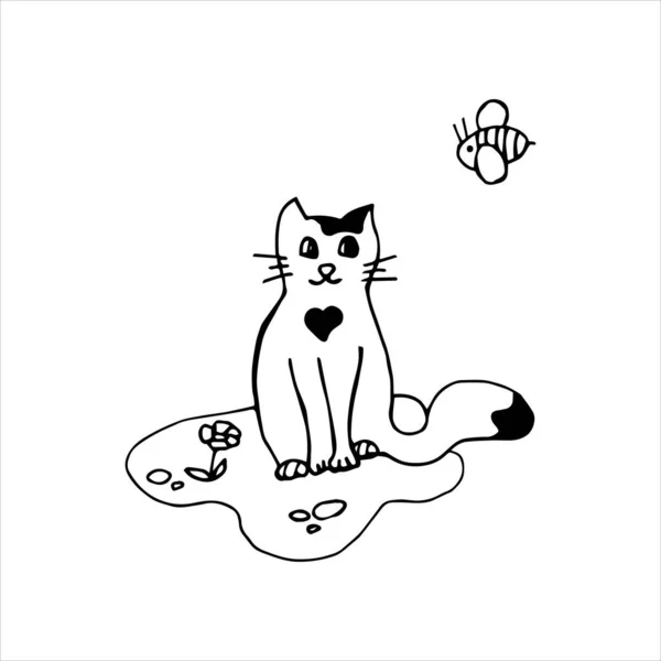 Bonito Gato Desenhado Mão Gato Branco Com Ponto Preto Forma — Vetor de Stock