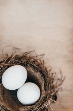 Paskalya arkaplanı, paskalya yumurtası ve kozalak. Kopyalama alanı olan üst görünüm. Dikey