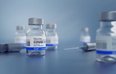 3D Görüntü Genel Covid19 Aşı ve Şırınga, Mavi Arkaplan