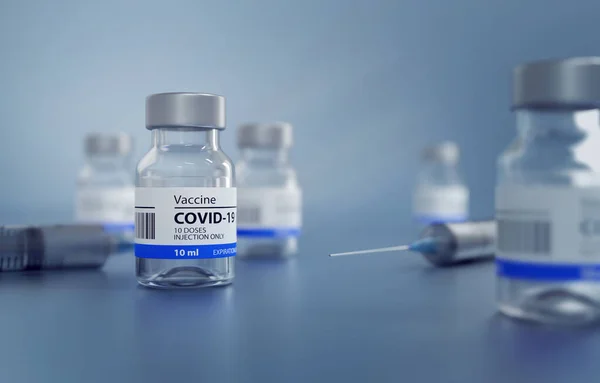 一般的なCovid19ワクチンと注射器の3Dイラスト 青の背景 — ストック写真