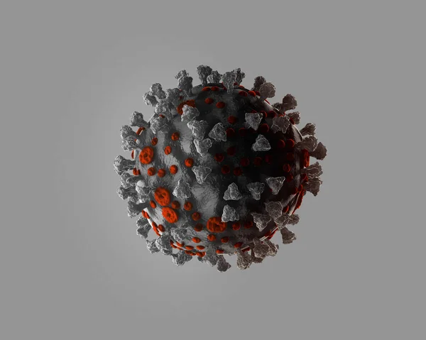 Coronavirus Covid-19 3D Resim Mikroskobik Tek Siyah ve Beyaz Virüs, Ayrıntılar Kırmızı, Işık Arkaplan