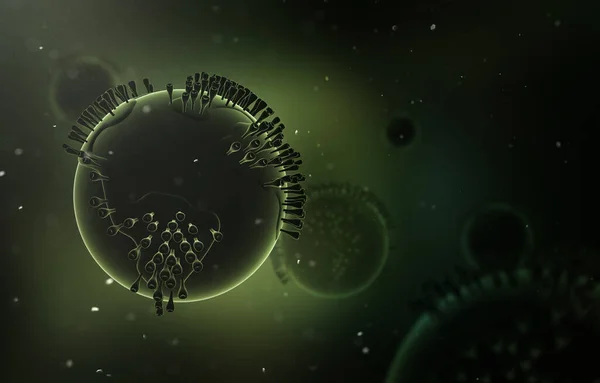 Virus World, 3D Render Illustration of a Minimalistic Earth with Viruses Spikes, Green Background 01