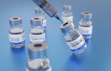 3D Görüntü Genel Covid19 Aşı ve Şırınga, Mavi Arkaplan