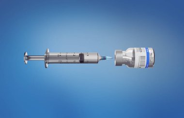 3D Görüntü Genel Covid19 Aşı ve Şırınga, Mavi Arkaplan