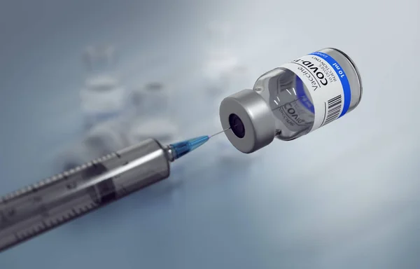 一般的なCovid19ワクチンと注射器の3Dイラスト ライトブルーの背景 — ストック写真