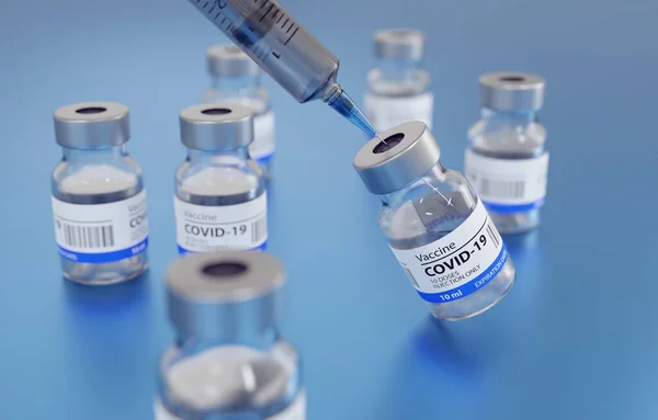 Εικονογράφηση Ενός Γενικού Εμβολίου Covid19 Και Μιας Σύριγγας Μπλε Φόντο — Φωτογραφία Αρχείου