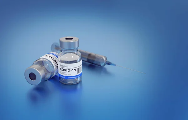 3D Görüntü Genel Covid19 Aşı ve Şırınga, Mavi Arkaplan