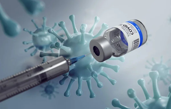 一般的なCovid19ワクチンの3Dイラスト ライトブルー ウイルスとシリンジ ライトブルーの背景 — ストック写真