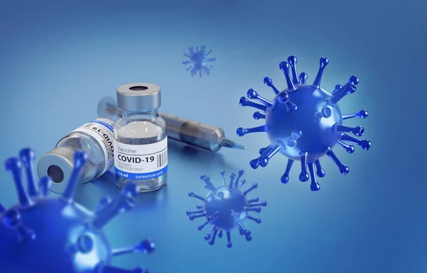 一般的なCovid19ワクチンの3Dイラストと青いウイルスとシリンジ 青い背景 — ストック写真