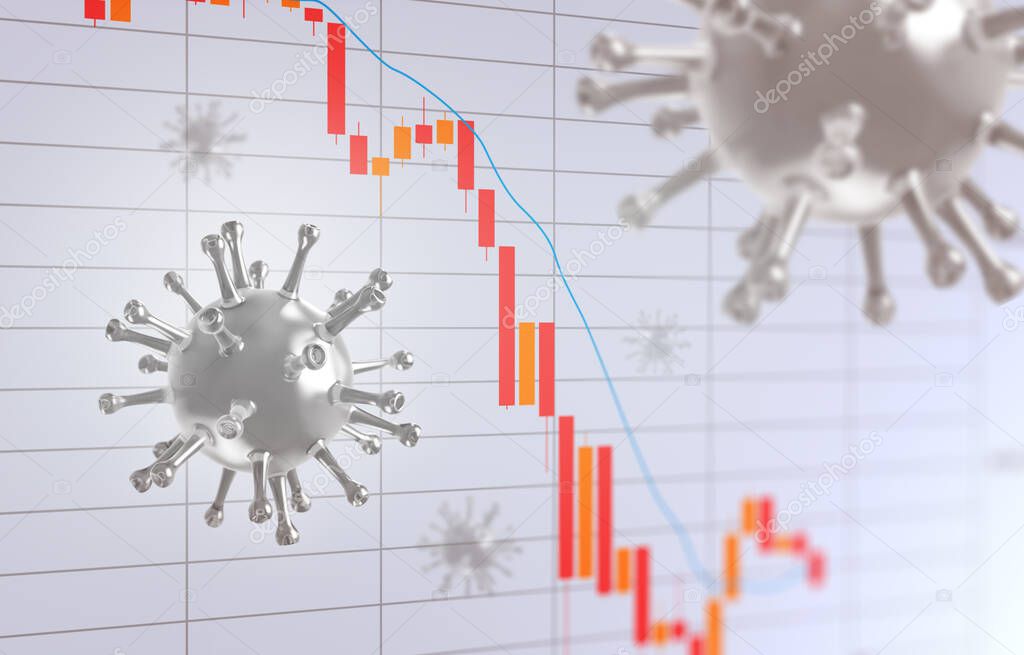 3D Illustration of a Stock Exchange Graph with Red Viruses, Bear Market, Melt Down, Downtrend, Light Background
