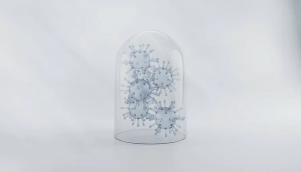 3D Illustration of Viruses Isolated under a Glass Dome, Pandemic Covid19 Coronavirus Safety Concept, Light Grey Background