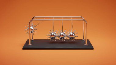 Newton 'un Beşiğinin 3 boyutlu tasviri, Krom Metal Virüsleri Çarpışan Hareket Konseptinde Yansımalar, Ön Görünüm, Turuncu Arkaplan