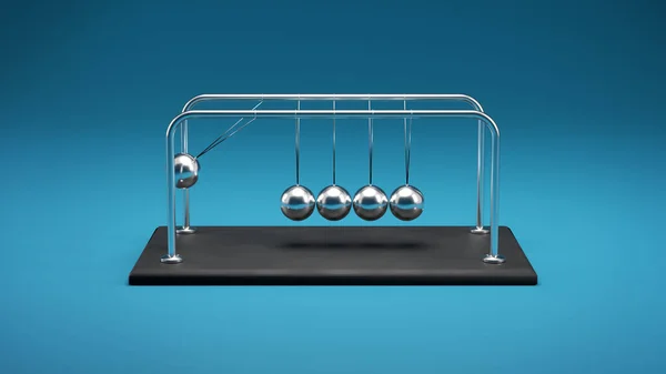 Newton 'un Beşiğinin 3B Görünümü, Çarpışan Hareket Konseptinde Yansımaları olan Krom Metal Küreler, Ön Görünüm, Mavi Arkaplan