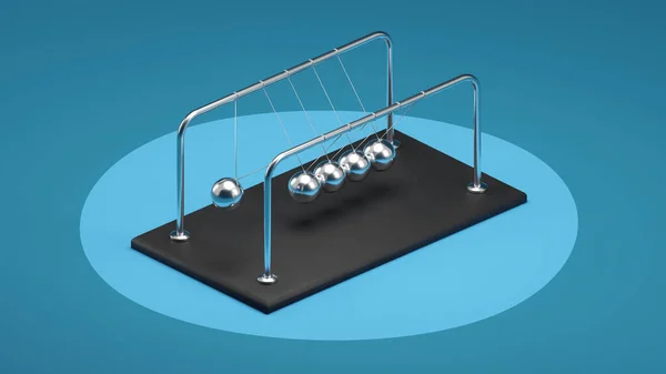 Newton 'un Beşiğinin 3 boyutlu bir tasviri, Çarpışan Hareket Konseptinde Yansımaları olan Krom Metal küreler, Isometric View, Mavi Arkaplan