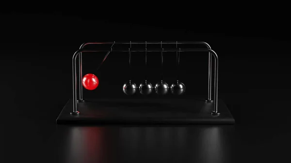 3D Illustration of a Newton\'s Cradle, Chrome Metal Spheres with Reflections and a Red Sphere in Colliding Movement Motion Concept, Front View, Black Dark Background