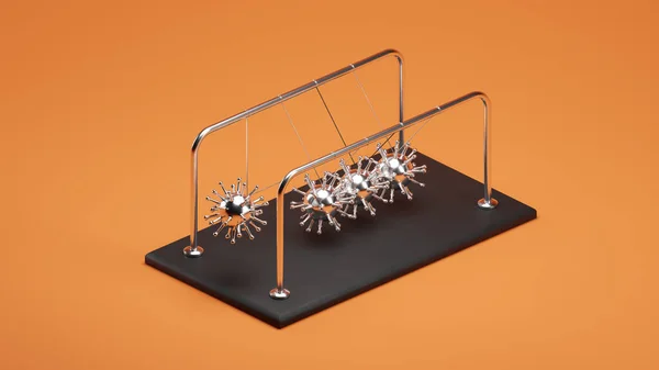 Newton 'un Beşiği, Krom Metal Virüsleri Çarpışan Hareket Konsepti Yansımaları, Isometric View, Turuncu Arkaplan