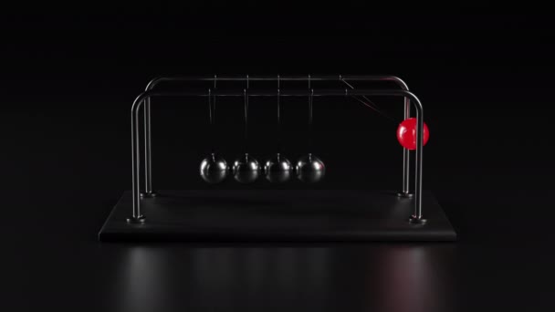 Animación Una Cuna Newton Esferas Metal Cromado Esfera Roja Clara — Vídeo de stock