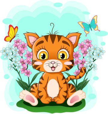 Çimlerin üzerinde oturan sevimli kedi yavrusunun vektör çizimi