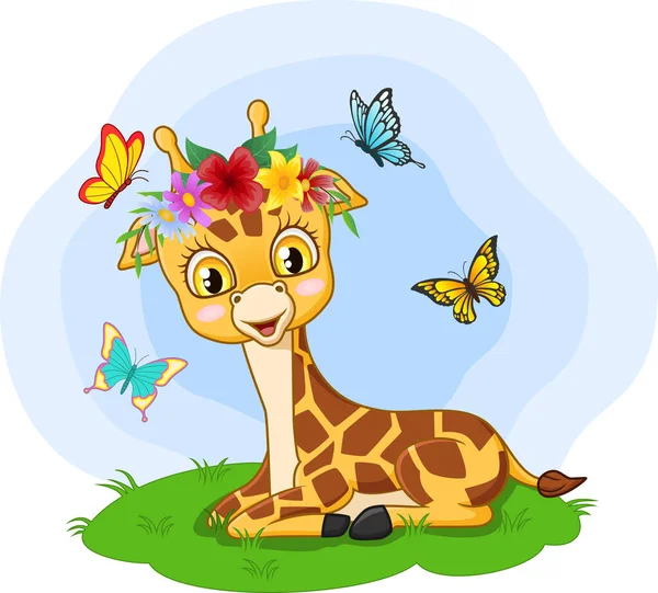 Vector Illustratie Van Leuke Kleine Giraf Zittend Het Gras — Stockvector