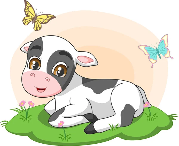 Vector Illustration Cute Little Cow Sitting Grass — Stock Vector