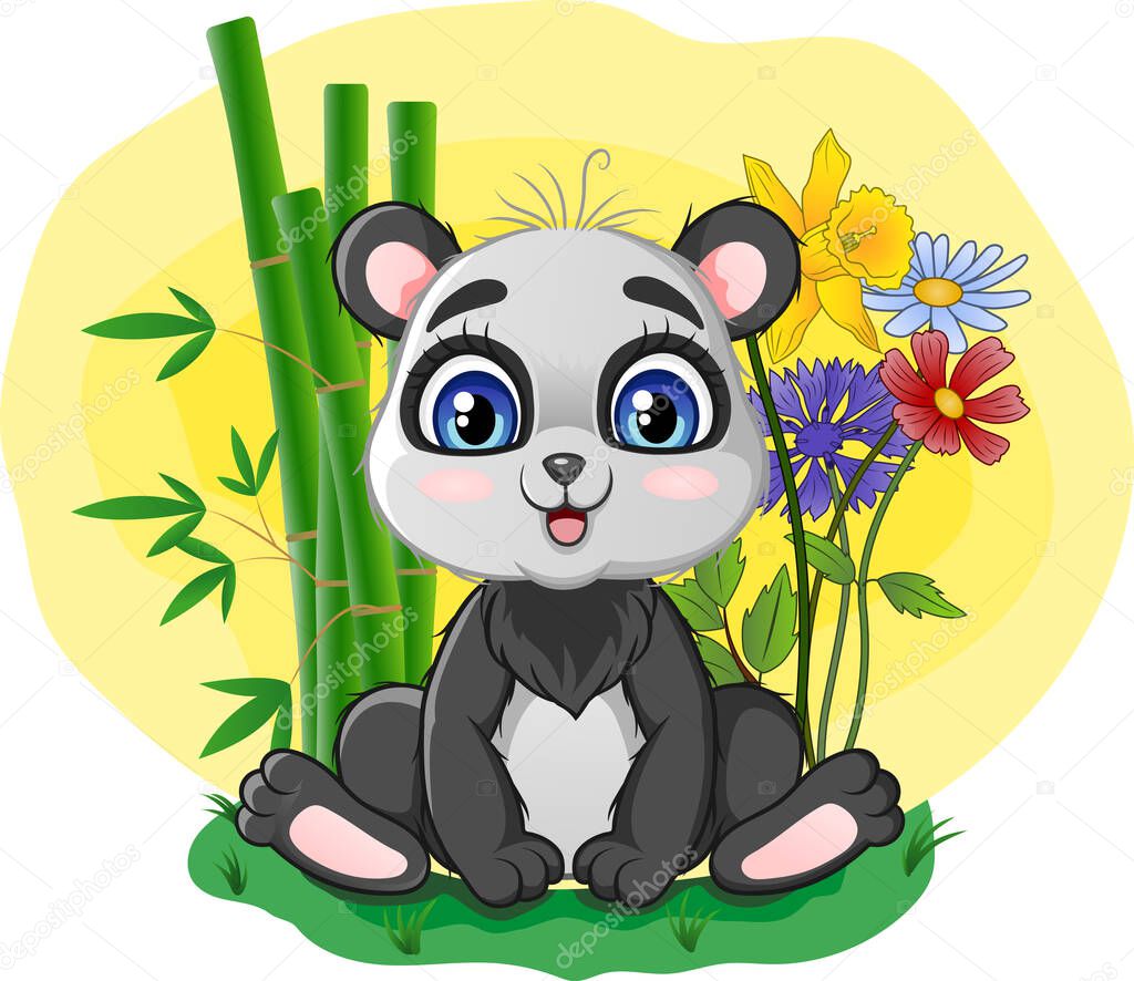 Vector illustration of Cute little panda sitting in grass